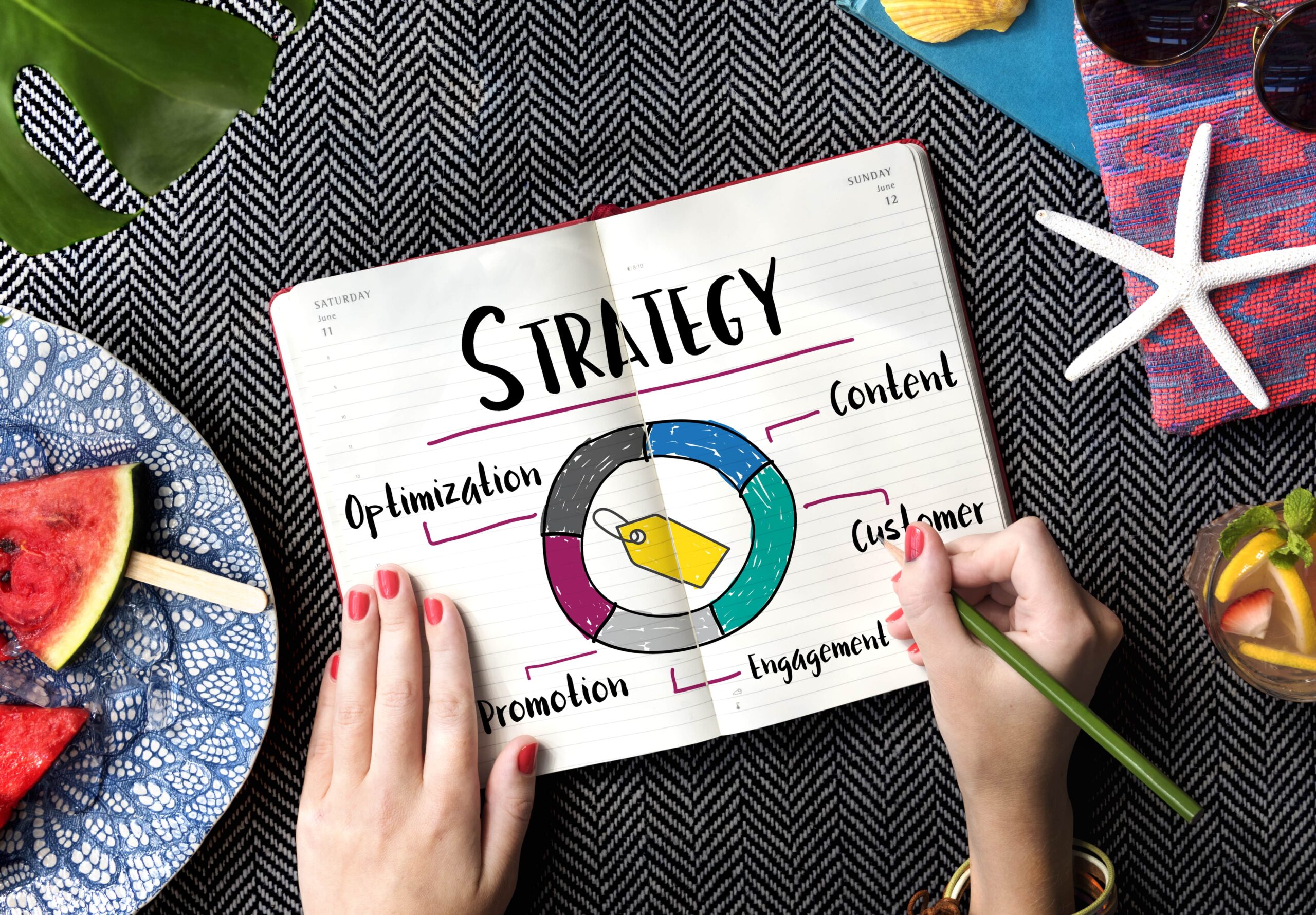 A person holding a pencil and writing in a notebook with “strategy” for ad strategies in sydney.