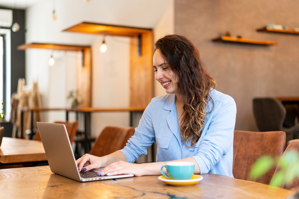 Why Message Consistency Across Ads and Landing Pages Influences Conversion Rates 1 A smiling woman in a blue blouse, using a laptop at a cafe.
