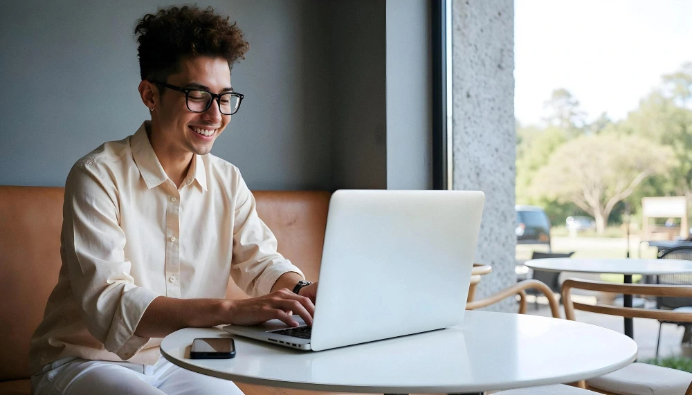 A young man working on a laptop at a cafe.